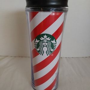 Starbucks Red White Striped Christmas Travel Mug Cup Tumbler 16 Oz Plastic
